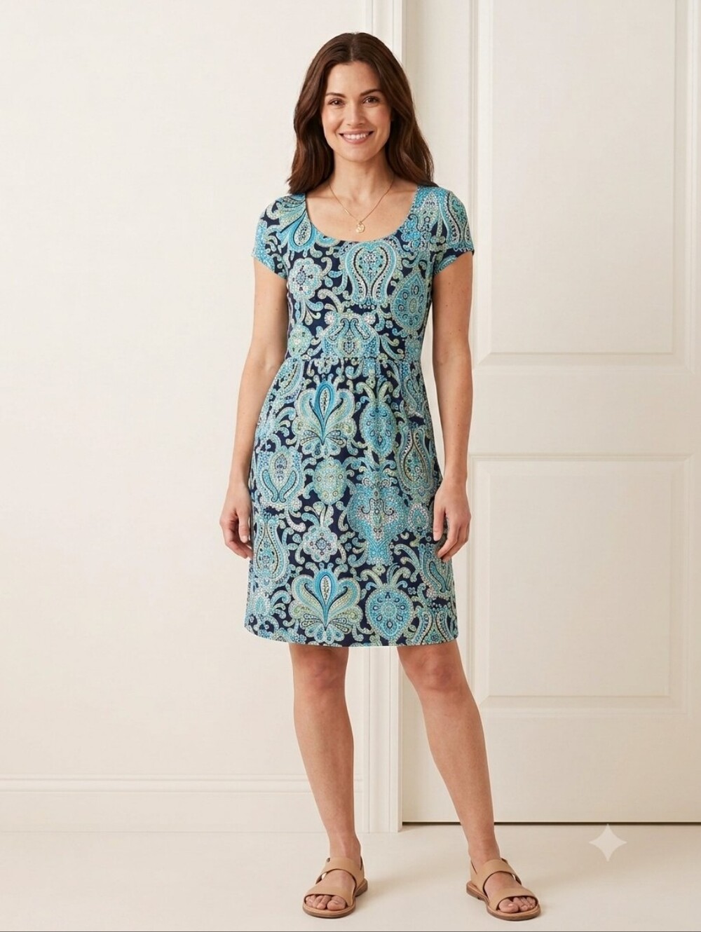 Charter Club Teal, Green, & Black Paisley Dress w/ Cap Sleeves, NWT, Size: PP